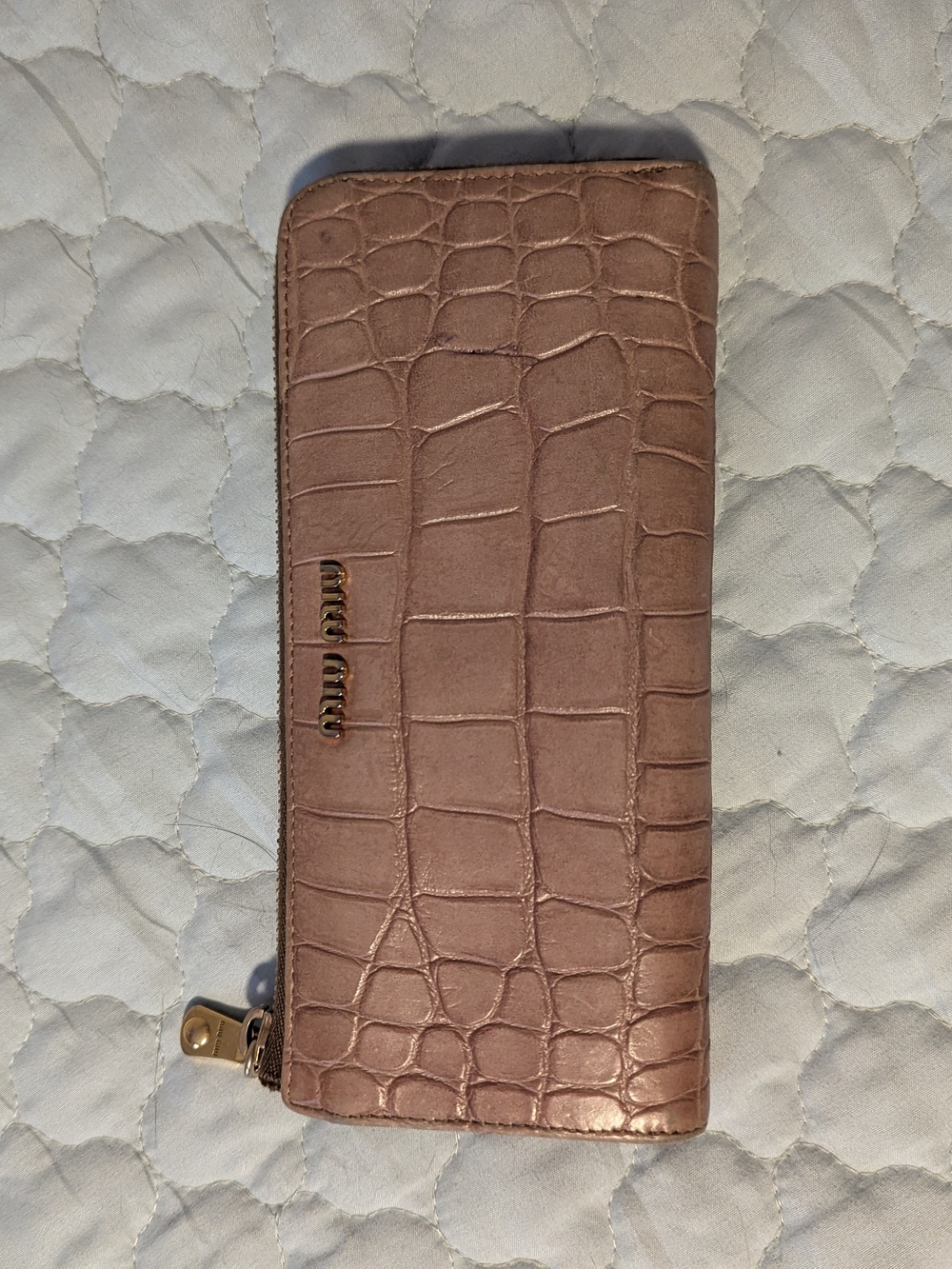 Miu Miu Croc-Embossed Zip Wallet in Dusty Rose/ Tan